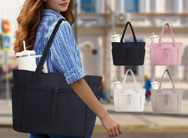 Wandering Nature Puffer Tote Bag with Cup Holder & Laptop Compartment & Trolley Sleeve for Travel, Work, Nurse, Women