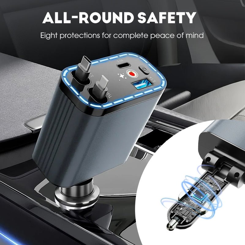 Ultra-fast 4-in-1 Car Charger 90W – With Retractable Cables & Ambient Starlight