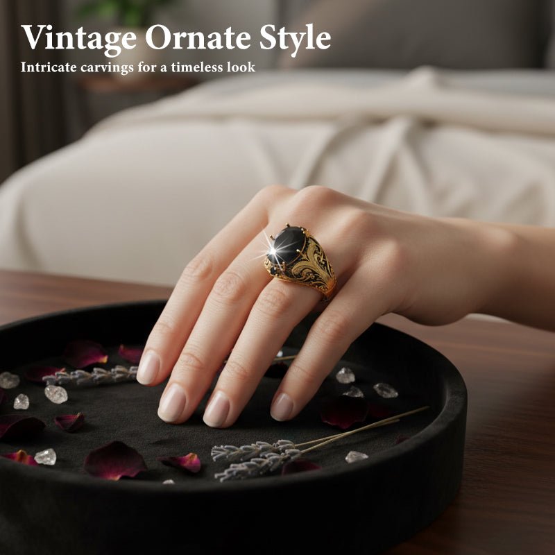 Vintage Engraved Black Simulated Gemstone Ring - Image 3
