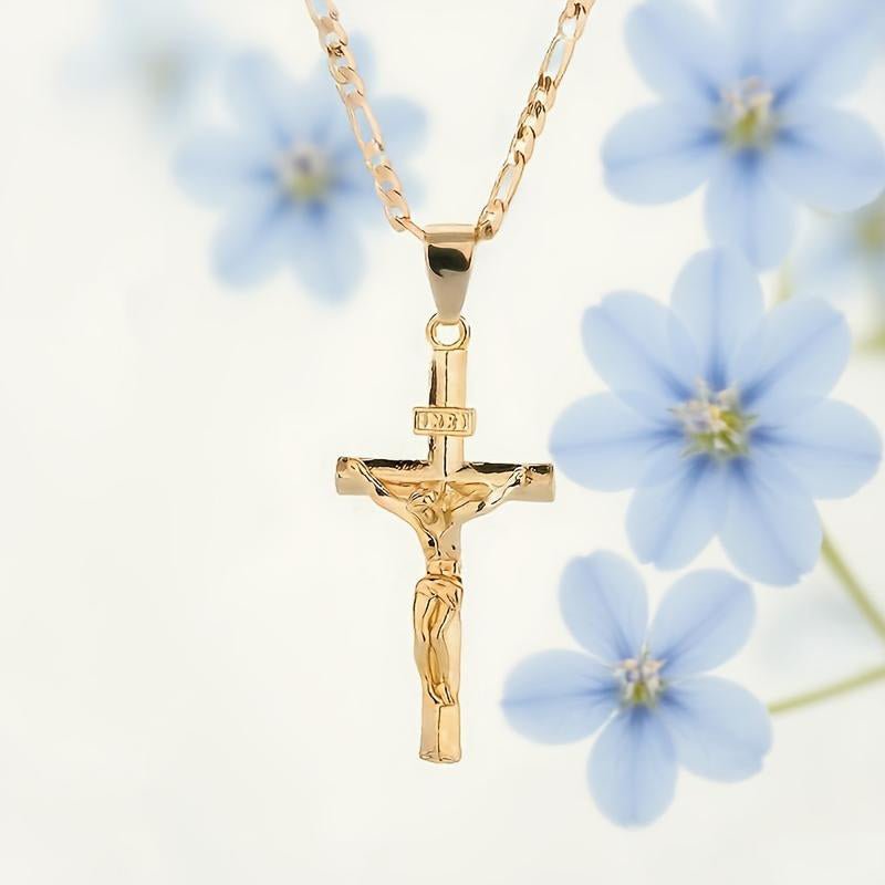 Gold Crucifix Necklace – Detailed INRI Motif, Adjustable Figaro Chain & Hypoallergenic Finish - Image 3