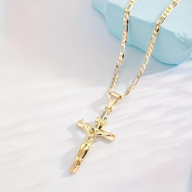 Gold Crucifix Necklace – Detailed INRI Motif, Adjustable Figaro Chain & Hypoallergenic Finish - Image 2