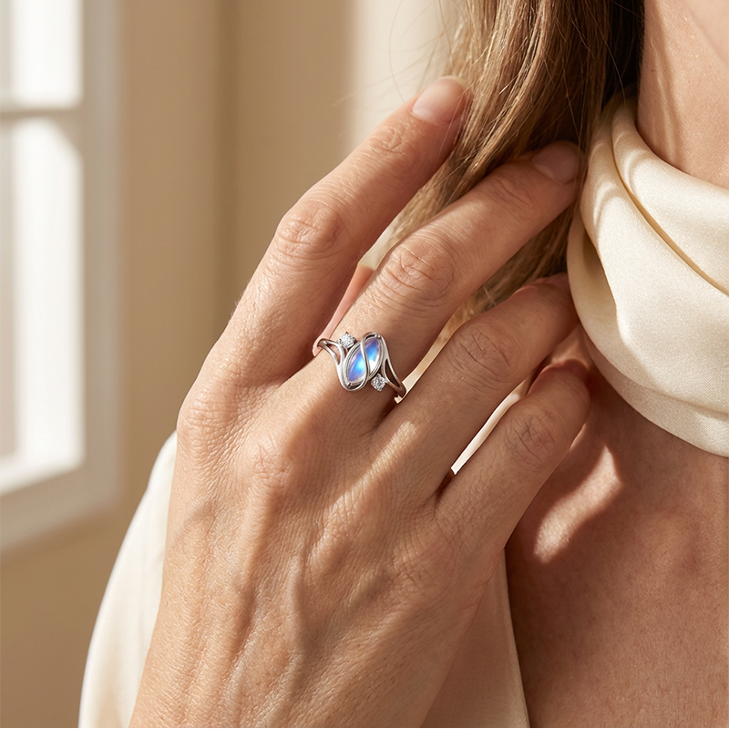 Geometric Oval Moonstone Ring with Zirconia Accents – Mystical, Sparkling & Timelessly Elegant - Image 3