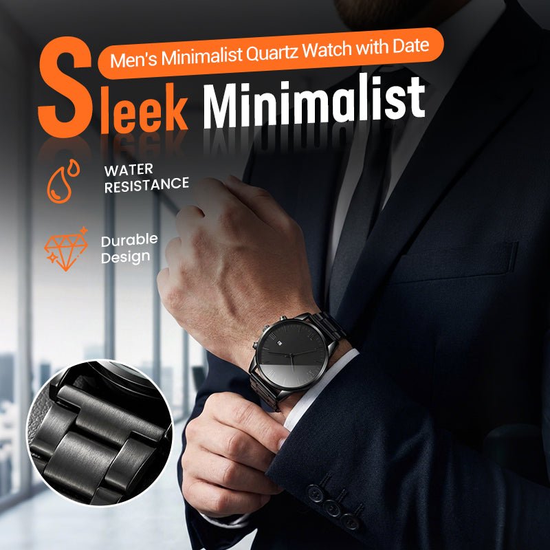 Men's Minimalist Quartz Watch with Date – All-Black Stainless Steel, Roman Dial & Precision Timekeeping