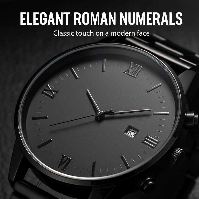 Men's Minimalist Quartz Watch with Date – All-Black Stainless Steel, Roman Dial & Precision Timekeeping - Image 3