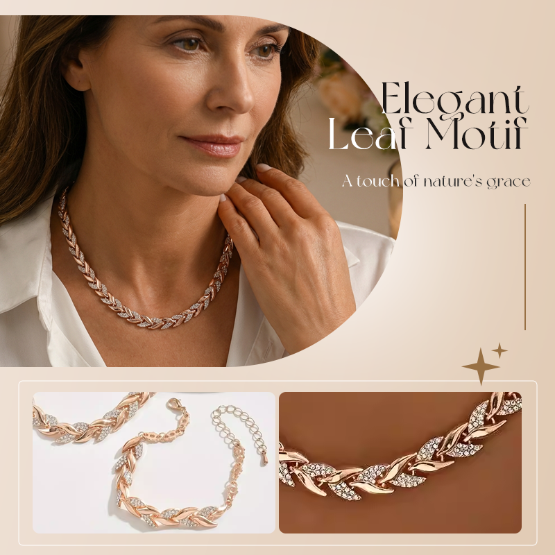 Adjustable Rhinestone Leaf Link Necklace & Bracelet Set – Elegant Design, Sparkling Crystals & Perfect Gift
