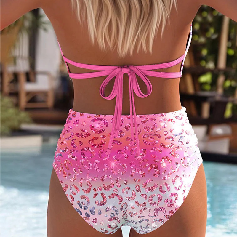 Gradient Leopard Print High-Waisted Bikini Set - Image 2