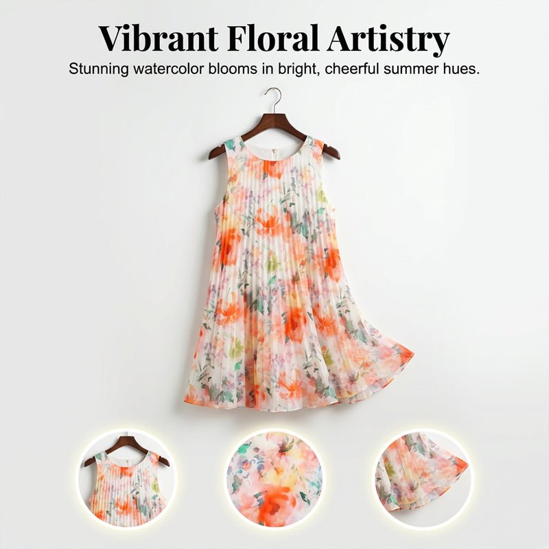 Women’s Sleeveless Floral Print Pleated Dress - Image 2