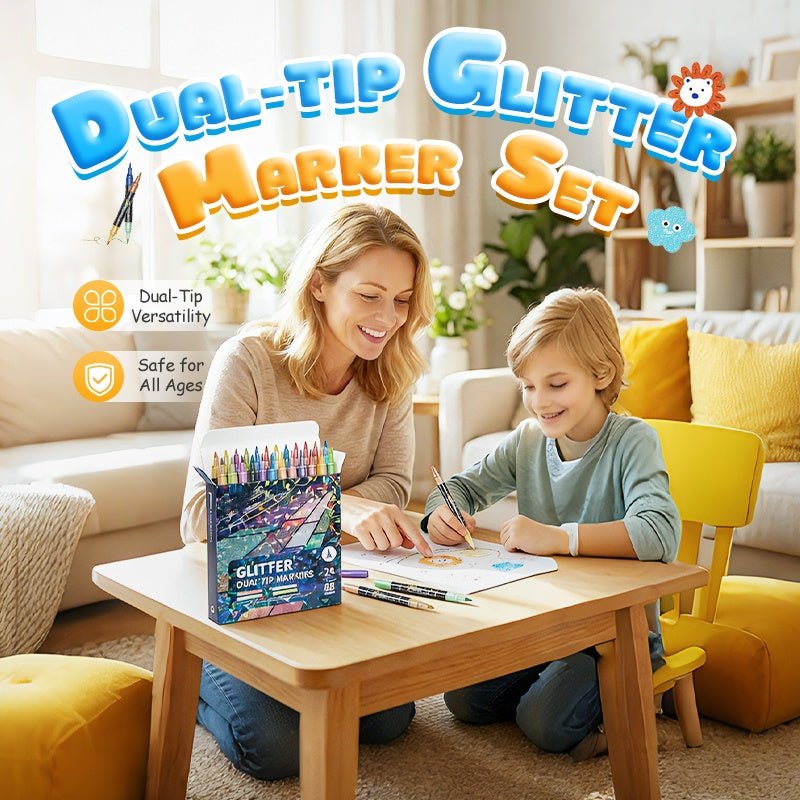 Glitter Brush Markers – dual-tip design, shimmering ink makes cards & crafts sparkle.