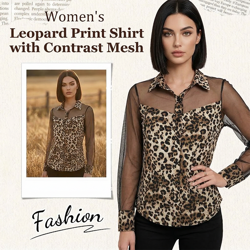 Women's Leopard Print Shirt with Contrast Mesh - Image 2