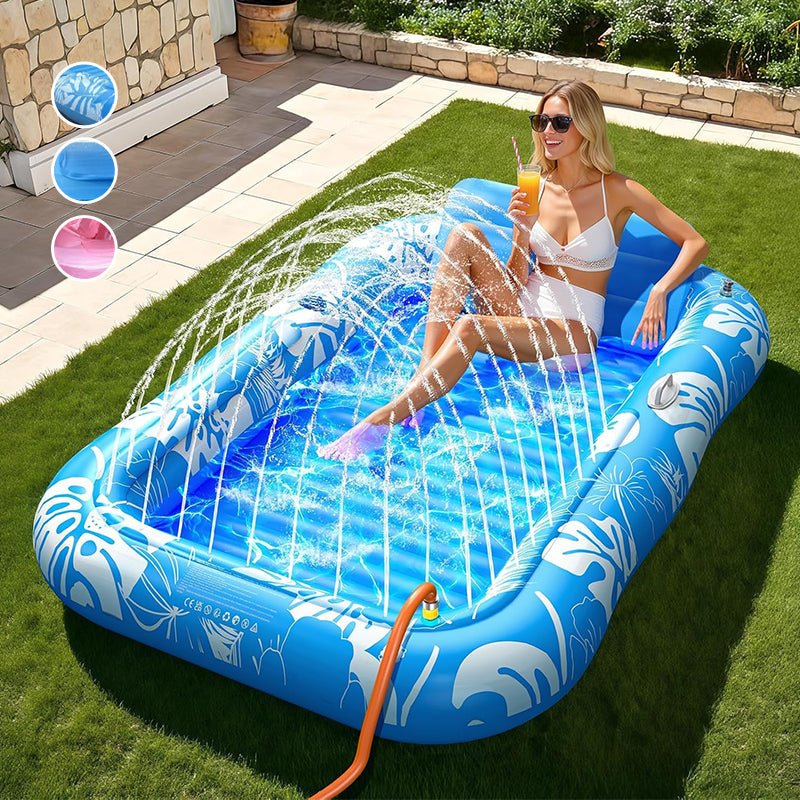 Inflatable Tanning Pool Lounger – Smart spray cools you automatically. Detachable pillow, cup holders & safety handles. Holds 2 adults (350lb). Perfect for garden or beach