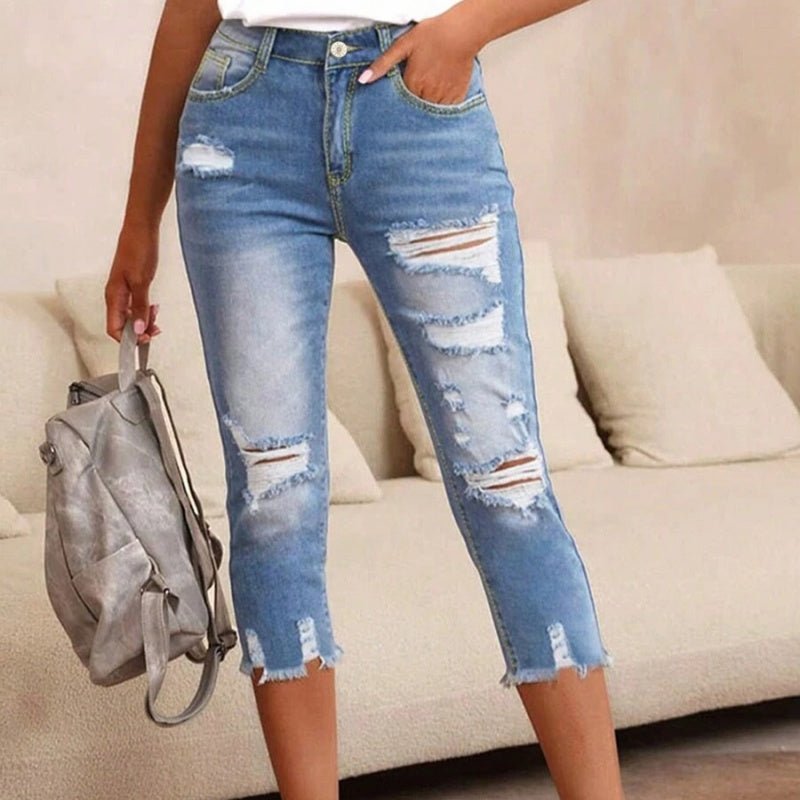 Women's Ripped Washed Raw Hem Jeans - Image 3