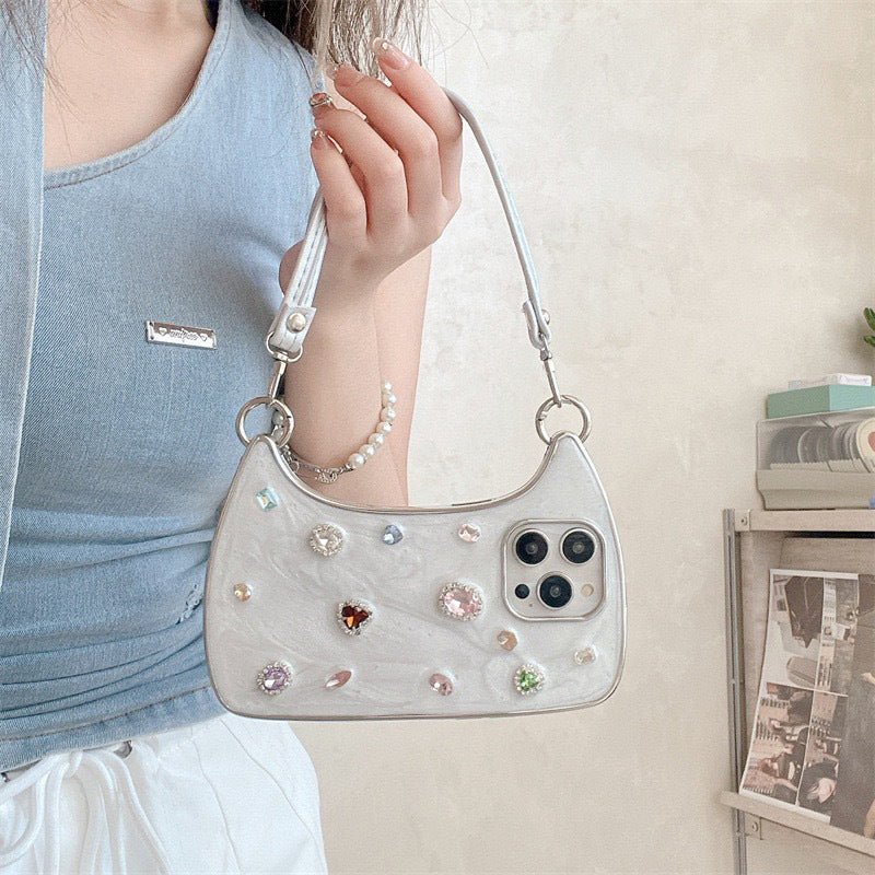 Creative Phone Case with Top Handle – Synthetic gemstones add luxury shine. Easy carry handle, precise cutouts. Durable TPU protection. Transform your phone into a chic accessory. - Image 2