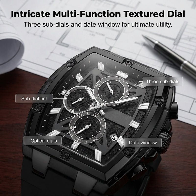 Modern Barrel-Shaped Case Watch – Tonneau Design, Chronograph & Silicone Strap - Image 2