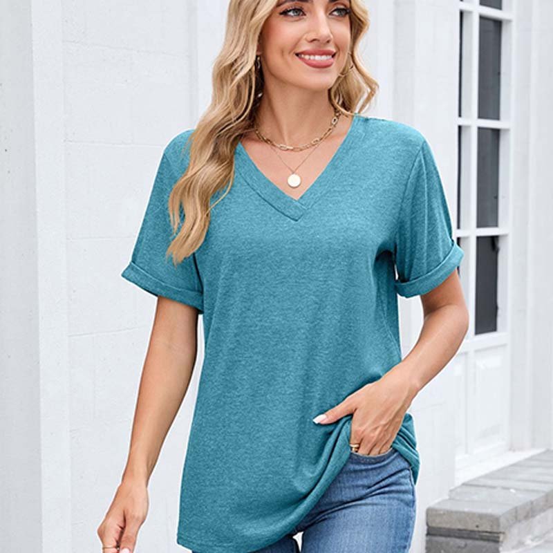 Women's V-Neck Short Sleeve Casual T-Shirt – Classic V-Neck, Soft Polyester & Rolled Cuffs - Image 2