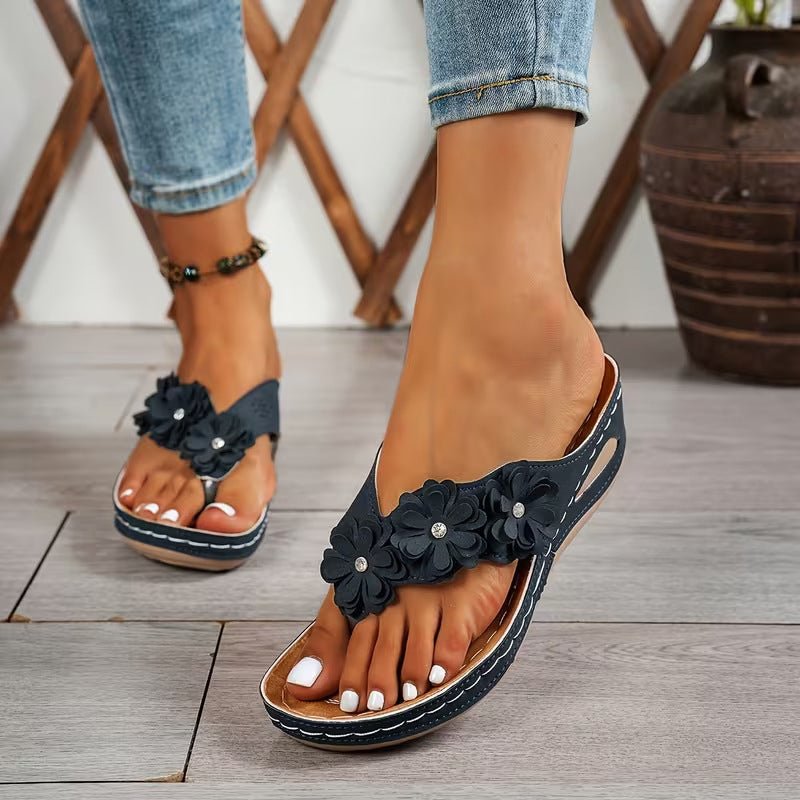 Women's Floral Wedge Thong Sandals – Floral Accents, Cushioned Arch Support & Non-Slip Outsole