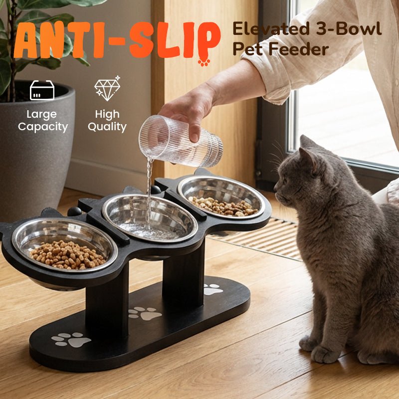 Anti-Slip Elevated 3-Bowl Pet Feeder – Raised design, protects joints & 3 bowls – No more spills or sliding