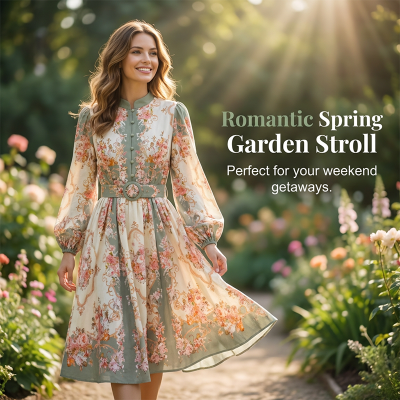 Timeless Elegance – Romantic Floral Print High Neck Mini Dress - Image 3
