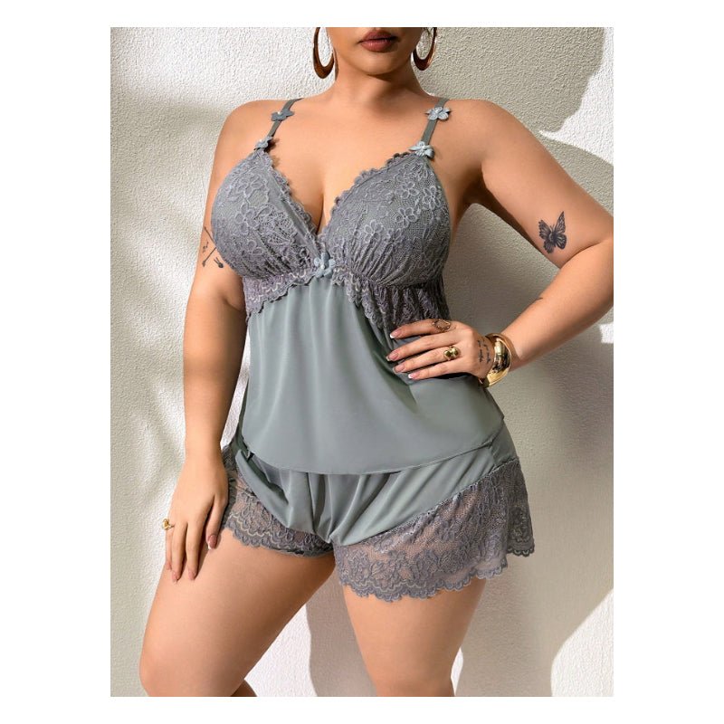 Lace Trim Camisole & Shorts Pajama Set – Soft satin-like fabric, adjustable straps & V-neck. Elastic waist shorts for easy on/off. Perfect for a relaxing night. - Image 3