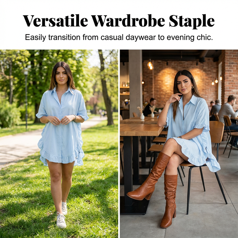 Women's Oversized Button-Down Mini Dress with Ruffle Hem - Image 3