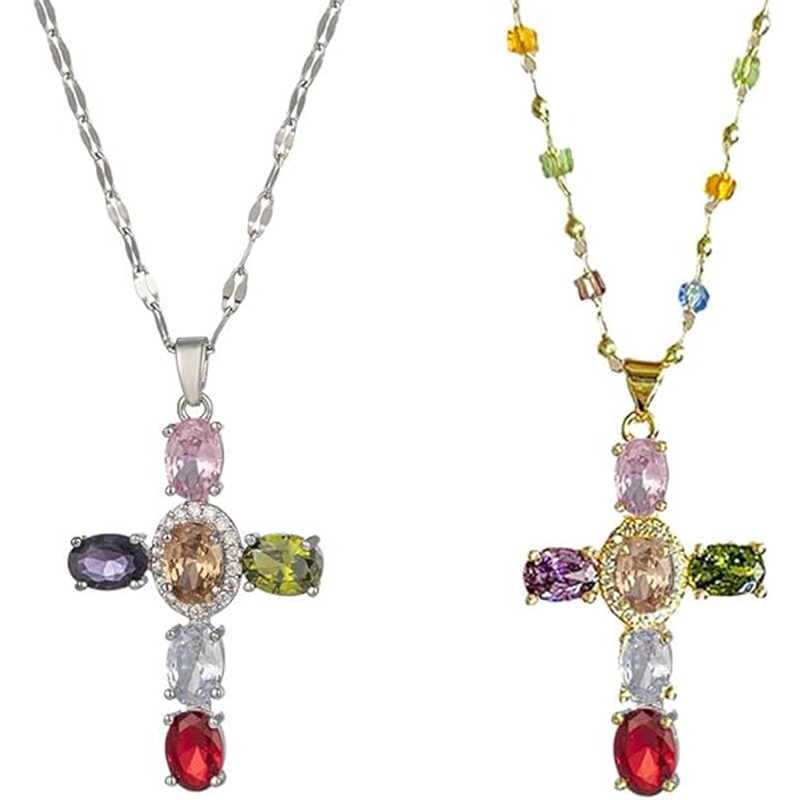 & Hot Sale Colorful Rhinestone Cross Necklace – Dazzling Multicolor & Adjustable Chain – Lightweight Statement Piece