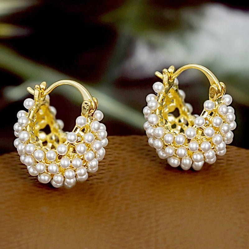 Faux Pearl Basket Hoop Earrings: Gold-Tone, Weave Design, Secure Clasp, French Elegance
