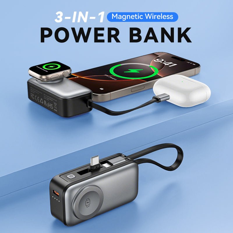 50 % RABATT 3‐in‐1 Magnetische Mini‐Powerbank 5000 mAh, kabelloses Laden für iPhone, Watch & Android
