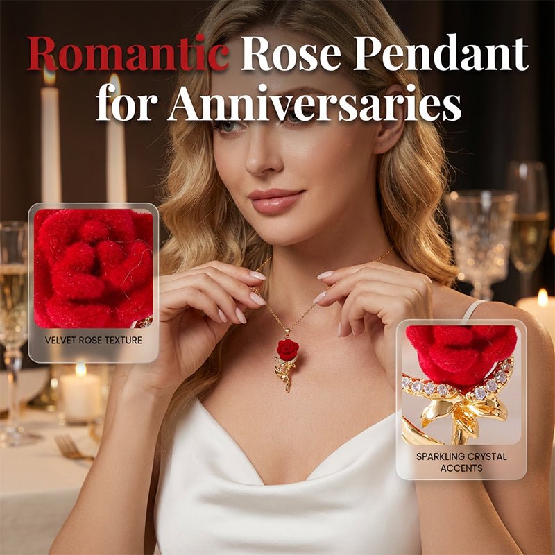 Elegant Red Rose Pendant Necklace – Velvet Bloom, Crystal Accents, Gold-Tone