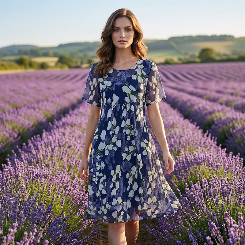 Short-Sleeved A-Line Evening Dress – Elegant Floral Print, Double-Layer Chiffon & Flattering Knee-Length Cut
