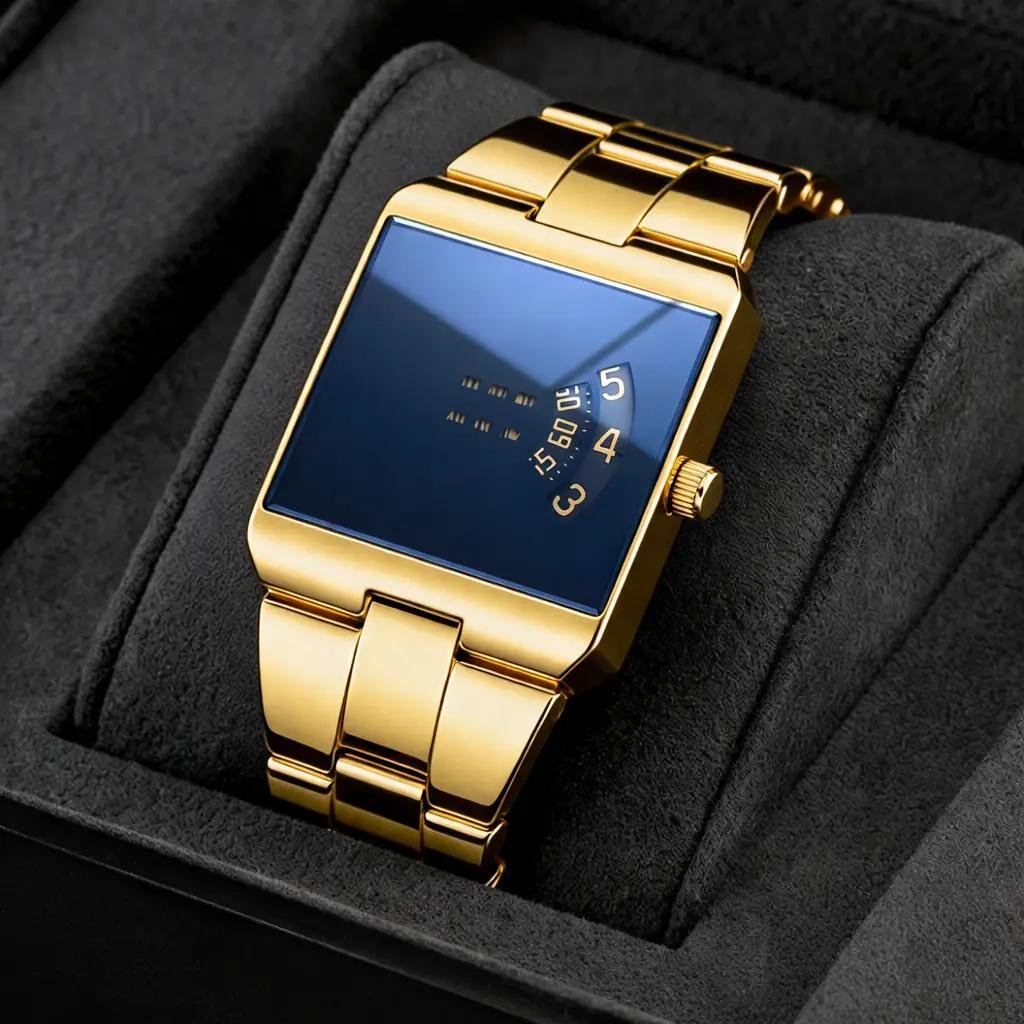 Men's Square Face Quartz Watch – Gold Stainless Steel Band Unique Dial Design, Business Casual Fashion Wristwatch
