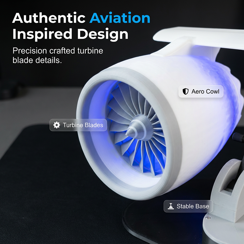 Jet Engine Desktop Fan with Cooling Mist – Turbo Airflow, LED Neon Glow, Mechanical Throttle – 3D Printed Aviation Design – for Gaming, Work & Tech Lovers - Image 2