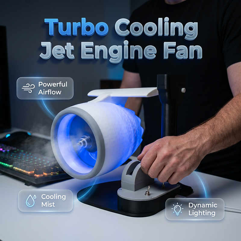 Jet Engine Desktop Fan with Cooling Mist – Turbo Airflow, LED Neon Glow, Mechanical Throttle – 3D Printed Aviation Design – for Gaming, Work & Tech Lovers