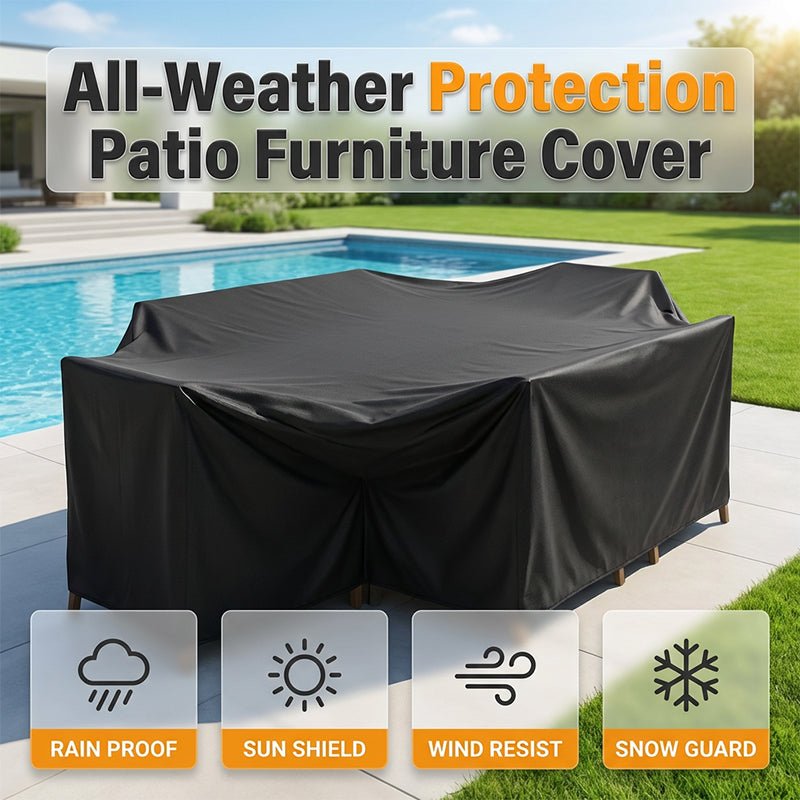 Outdoor Waterproof Furniture Cover – 210D Oxford fabric, UV‑resistant & windproof. Keeps patio sets, garden furniture & cushions protected from rain, sun & dust