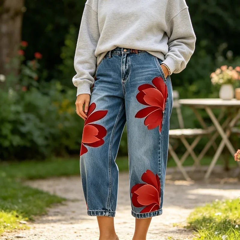 Women's Floral Wide-Leg Jeans – Unique Appliqué, Soft, 6 Colors