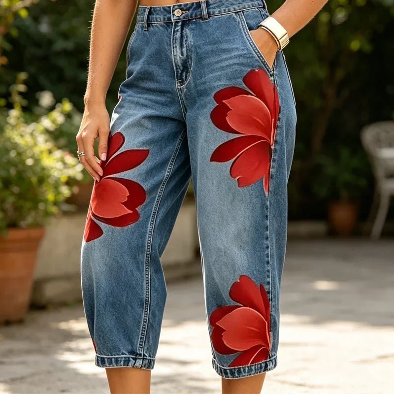 Women's Floral Wide-Leg Jeans – Unique Appliqué, Soft, 6 Colors - Image 2