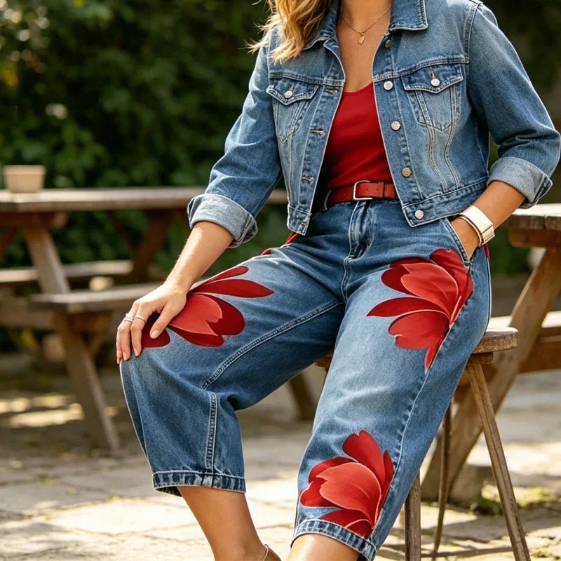 Women's Floral Wide-Leg Jeans – Unique Appliqué, Soft, 6 Colors - Image 3