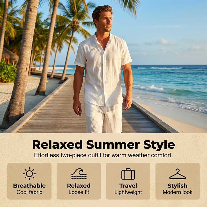 Men's Textured 2-Piece Set – Shirt & Pants, Breathable, Coordinated