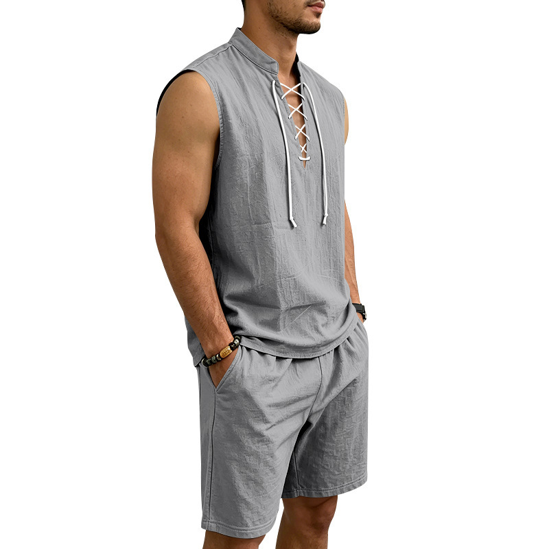 Men's Linen Sleeveless Lace-Up Top & Shorts Set - Image 3