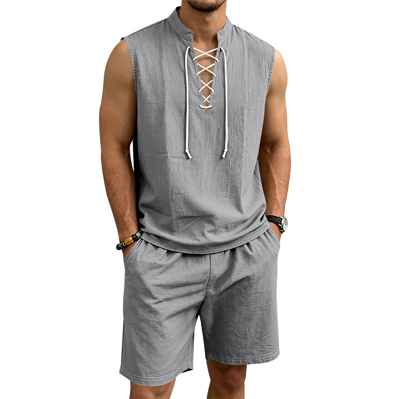 Men's Linen Sleeveless Lace-Up Top & Shorts Set - Image 2