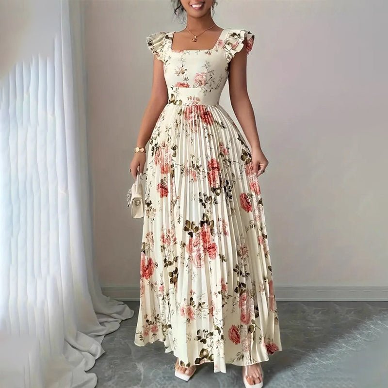 Elegant Floral Print Pleated Maxi Dress – Romantic Square Neck, Ruffle Sleeves & Flowing Floral Skirt - Image 2