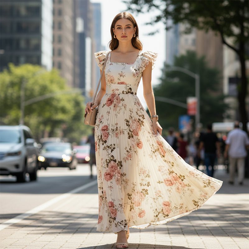 Elegant Floral Print Pleated Maxi Dress – Romantic Square Neck, Ruffle Sleeves & Flowing Floral Skirt