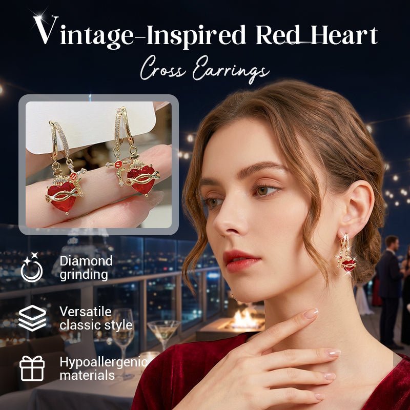 Red Heart & Cross Earrings – Vintage-Inspired, Dainty, Symbolic