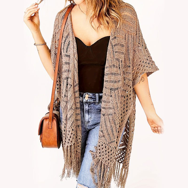 Women's Open-Front Knit Cover-Up with Tassel Fringe – Bohemian & Lightweight – Beach Essential
