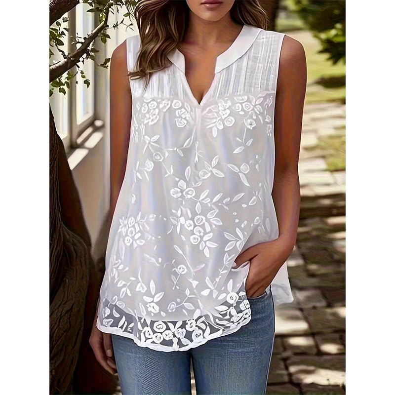 Women’s Chic Floral Lace Sleeveless Shirt – Elegant V-Neck & Romantic – Wardrobe Staple