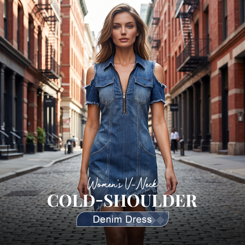 Women's Cold-Shoulder Denim Dress – V-Neck, Flowy, Boho