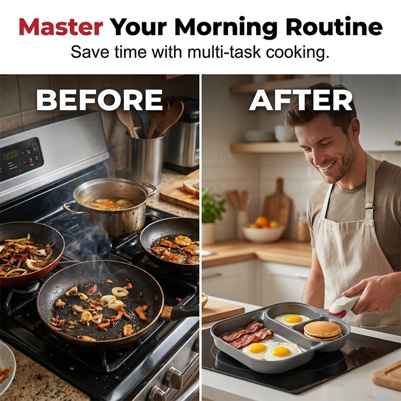 3‐in‐1 Non‐Stick Breakfast Skillet‐Multi‐Compartment Divided Frying Pan, Even Heat Distribution Cookware Compatible with All Stovetops for Eggs, Pancakes & Morning Meals - Image 2