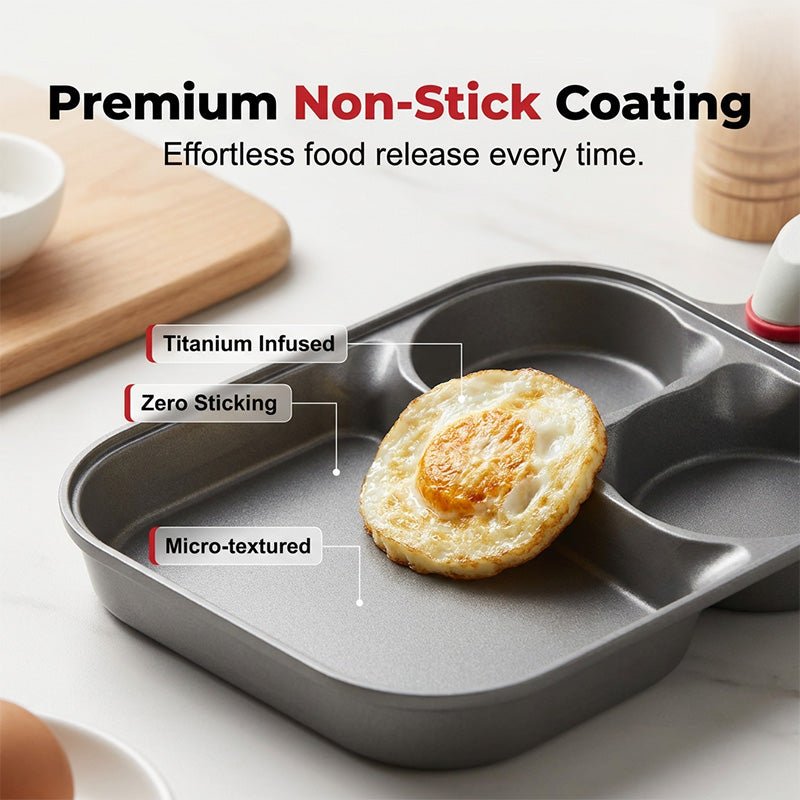 3‐in‐1 Non‐Stick Breakfast Skillet‐Multi‐Compartment Divided Frying Pan, Even Heat Distribution Cookware Compatible with All Stovetops for Eggs, Pancakes & Morning Meals - Image 3
