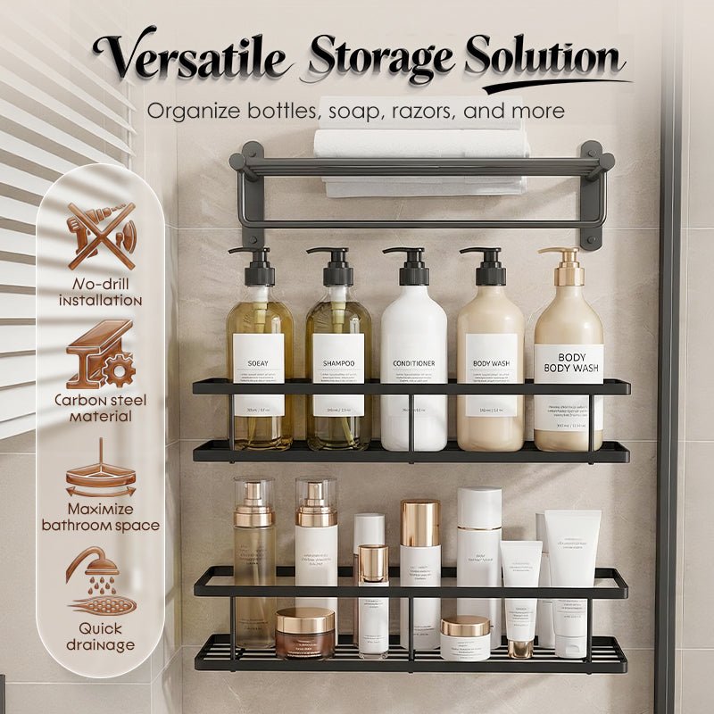 No-Drill Bathroom Shelf Set – Rustproof Carbon Steel, Quick-Drain, Modular Storage