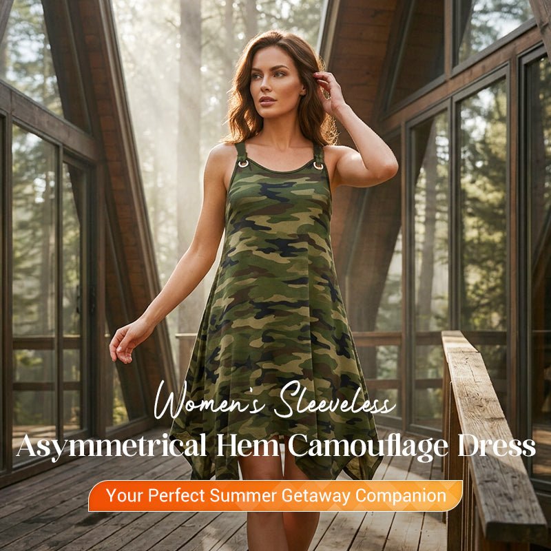 Sleeveless Camouflage Dress – Asymmetrical Hem, Edgy Style, Unique