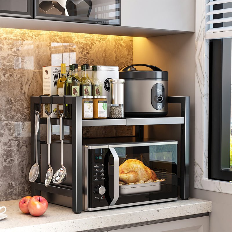 Expandable Microwave Countertop Rack with Adjustable Shelf & Hooks