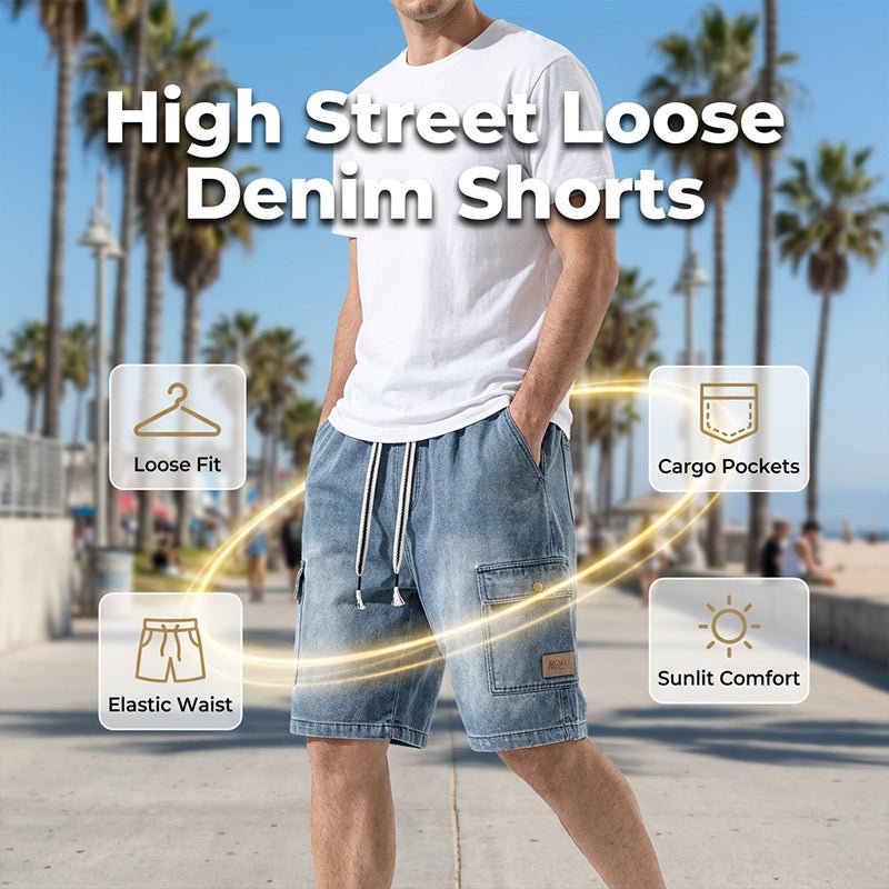 Men's Loose Denim Cargo Shorts – High Street Style & Adjustable Fit